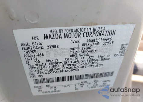 2008 Mazda Tribute I Sport z USA, uszkodzony, nr VIN 4F2CZ02Z48KM08726